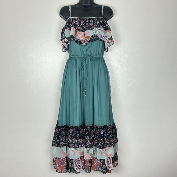 NWT Latiste By Amy Free Spirit Flowy Deep Sage Tiered Midi Dress Size S - Picture 2 of 14